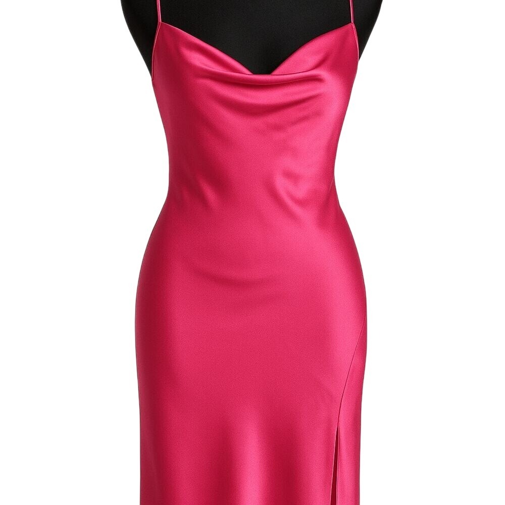 Bishop + Young Fuchsia Pink Satin Cowl Neck Midi Slip Dress Side Slit NWT XS